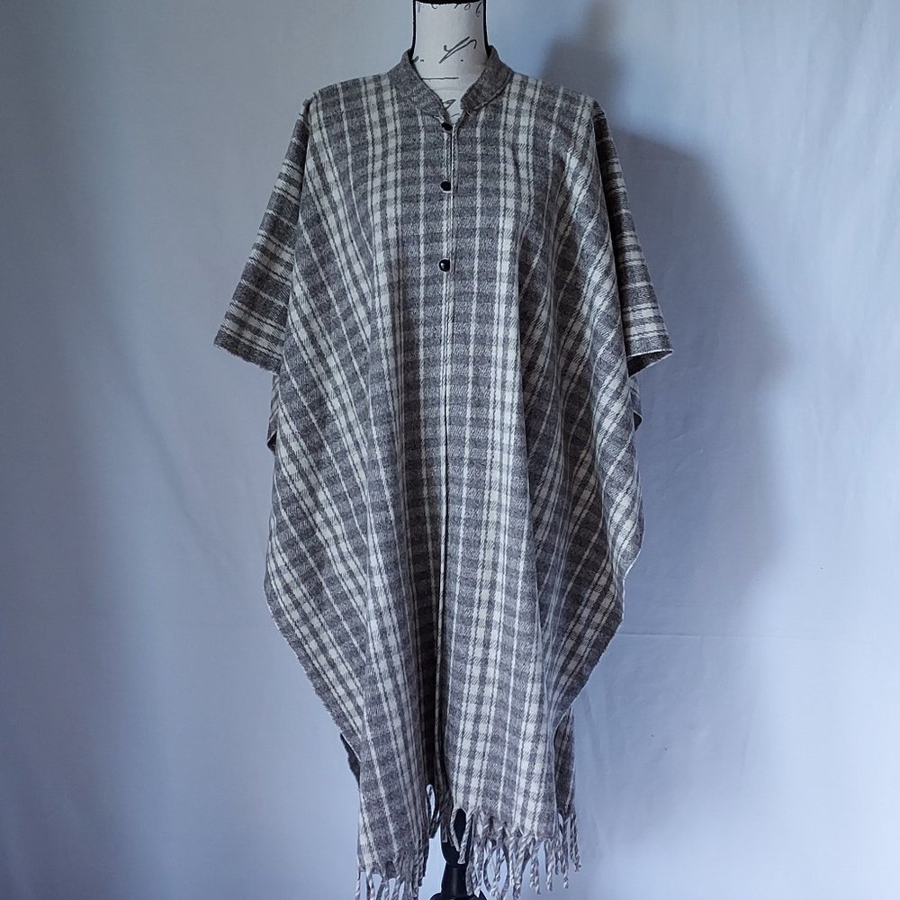 MOLINA Wool Poncho Button Fringe Grey Cream Plaid Women Oversize Made in Mexico